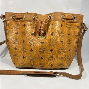 Vintage MCM Visetos Drawstring Bucket
Bag Leather Trim Y2K